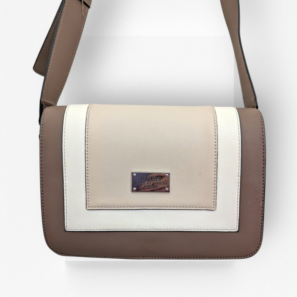 Guess Crossbody Bag Flap Purse Vegan Leather Tan Beige Cream